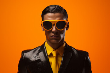 a man wearing leather jacket and sunglasses futuristic style on yellow background