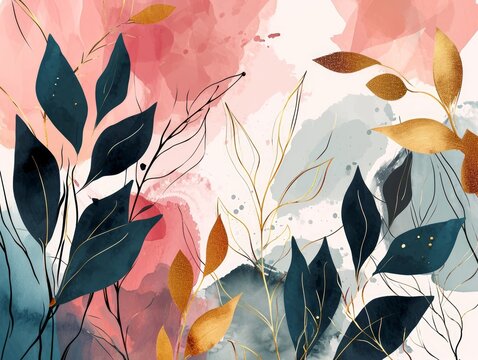 Abstract floral seamless pattern with watercolor brush strokes and golden leaves. Generative AI © AlexandraRooss