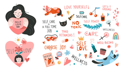Set of design elements on self-care theme. Girl hugs herself, heart, cats, quotes. Flat cartoon vector illustration, hand drawn style, isolated on white. Positive, health, beauty and wellness concept