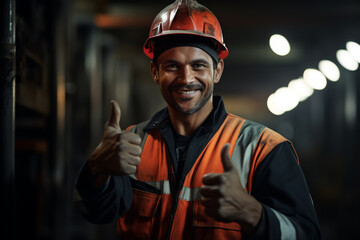 Obraz premium male construction worker thumbs up bokeh style background