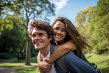 Fototapeta premium young couple laughing in the park bokeh style background