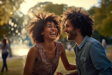 african american couple laughing in the park bokeh style background