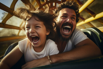 father and kids laughing on roller coaster ride bokeh style background