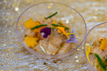 Degustation appetisers for visitors made by great chefs of high cuisine French restaurants, winter festival, Avenue de Champagne, Epernay, France