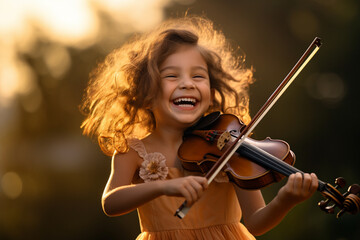 Fototapeta premium young girl playing violin bokeh style background