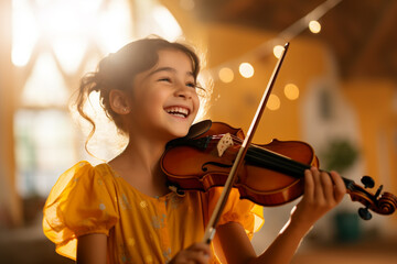 young girl playing violin bokeh style background - obrazy, fototapety, plakaty