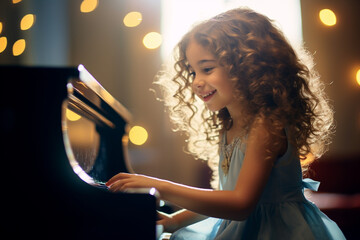 a girl playing piano in living room bokeh style background