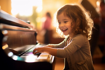 a girl playing piano in living room bokeh style background - obrazy, fototapety, plakaty