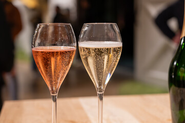 Tasting of sparkling wine champagne on winter weekend festival in December on Avenue de Champagne, Epernay, Champagne region, France