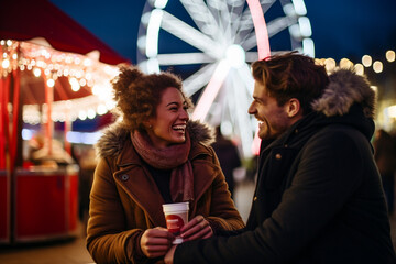 a couple holding coffee at winter fair bokeh style background - obrazy, fototapety, plakaty