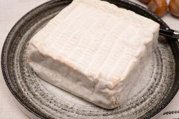 French squared pont l'eveque cow cheese from Calvados department, close up, Pont l'eveque village, Normandy, France