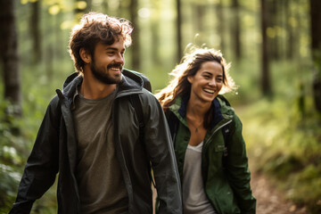 a couple hiking together in the forest bokeh style background