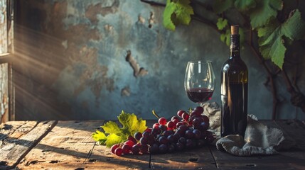 A Sophisticated Background of Lush Grapes with a Vintage Wine Bottle and Glass set against Rustic Wooden Table and Moody Lighting - Food Backdrop for Advertising created with Generative AI Technology