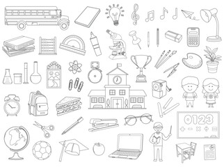Hand drawn A collection of school icons presented in a flat style, showcasing colorful elements related to education. features isolated vector icons depicting various school items, including books
