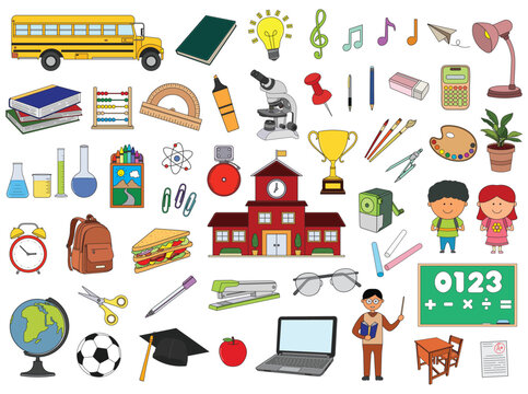 A collection of school icons presented in a flat style, showcasing colorful elements related to education. features isolated vector icons depicting various school items, including books