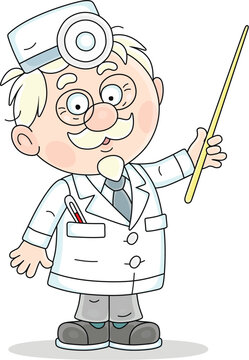 Good old doctor in a white hospital gown holding a pointer and explaining a topic of a lesson for students and patients, vector cartoon illustration isolated on a white background