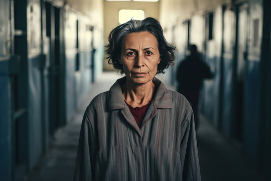 Photo of a middle-aged Middle Eastern woman in her 50s, a life inmate, standing in the corridor of the prison, with cell doors on either side and a stern expression - Powered by Adobe