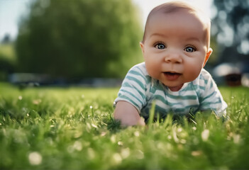 Sorrisi Primaverili- Bimbo Felice di Sette Mesi a Pancia in Giù sull'erba
