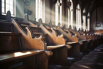 wooden benches lined in church bokeh style background