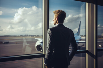 a businessman standing at the airport bokeh style background