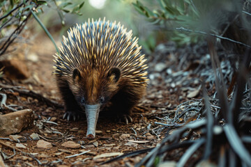 Photography of echidna ambling through a scrubby bushland in Australia, with its distinctive spines captured in fine detail