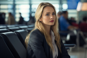Fototapeta premium a business woman sitting on the airport chair at the airport bokeh style background