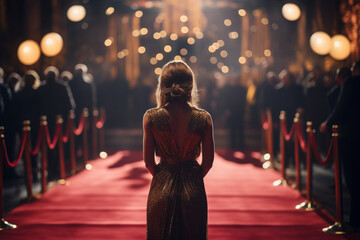a female celebrity walking the red carpet bokeh style background