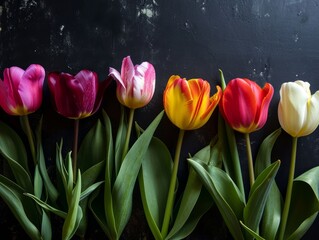 Colorful tulips on black background. Flat lay, top view Generative AI