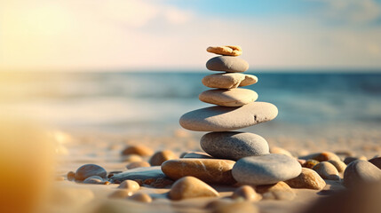 Balanced rock pyramid on pebbled beach with golden