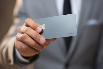 close up of businessman hands holding a credit card bokeh style background - obrazy, fototapety, plakaty