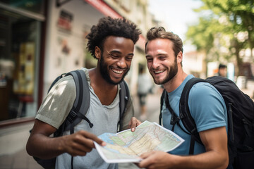 two young male tourist looking to the map bokeh style background - obrazy, fototapety, plakaty