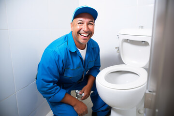 male plumber smiling in the toilet bokeh style background
