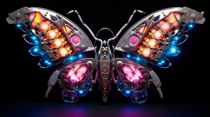 Close up of a robotic cyber punk led lit butterfly in dazzling colors - Powered by Adobe