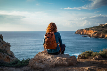 female backpacker sitting on the cliff in front of the sea