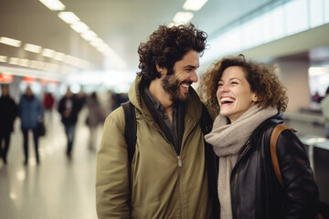 happy couple at the airport bokeh style background - obrazy, fototapety, plakaty