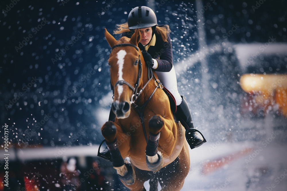 Poster equestrians and horses navigating snow-covered obstacles in a show jumping event, combining grace an