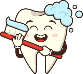 Kawaii Teeth Character Smiling and Holding Toothbrush for Dental Care