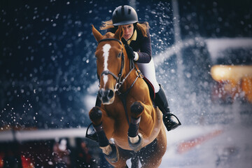 Equestrians and horses navigating snow-covered obstacles in a show jumping event, combining grace and athleticism. - obrazy, fototapety, plakaty