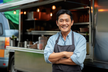 Portrait happy middle aged asian male smiling small business owner posing near his food truck - obrazy, fototapety, plakaty