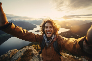 male hiker taking selfie on the mountain - obrazy, fototapety, plakaty