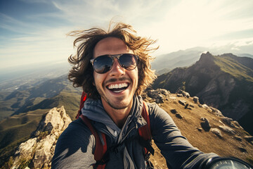 male hiker taking selfie on the mountain