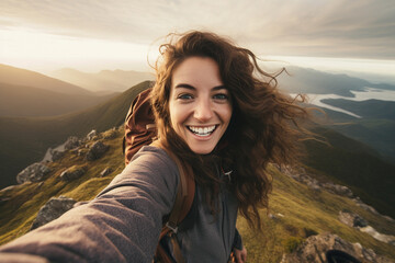 female hiker taking selfie on the mountain