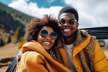 Young beautiful african couple traveling by car in the mountains, summer vacation and adventure
