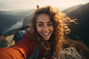 female hiker taking selfie on the mountain