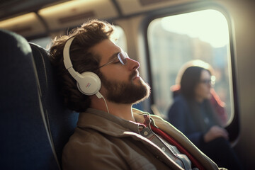 male passenger wearing headphones on the train bokeh style background - obrazy, fototapety, plakaty