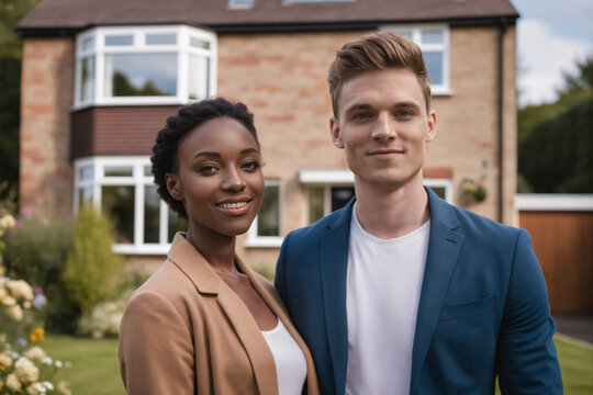 Young Interracial British Couple Standing In Front Of Modern Detached British House, Eco-friendly House, Eco House, United Kingdom, Blurred Male In Front, Buying New House, Real Estate, Mortgage