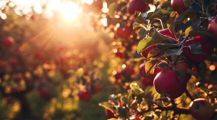 Ripe red apples on apple tree branch in orchard at sunset - obrazy, fototapety, plakaty