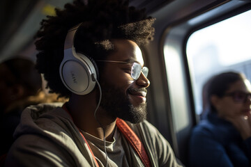 african american asian male passenger wearing headphones on the train bokeh style background - obrazy, fototapety, plakaty