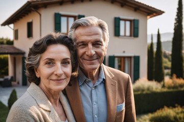 old italian couple standing in front of modern detached italian house, italy, eco-friendly house, eco house, beautiful garden, buying new house, real estate, mortgage loan - obrazy, fototapety, plakaty