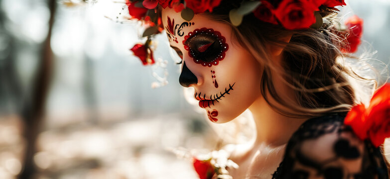 Woman with Downcast Eyes Wearing Striking Sugar Skull Make-Up